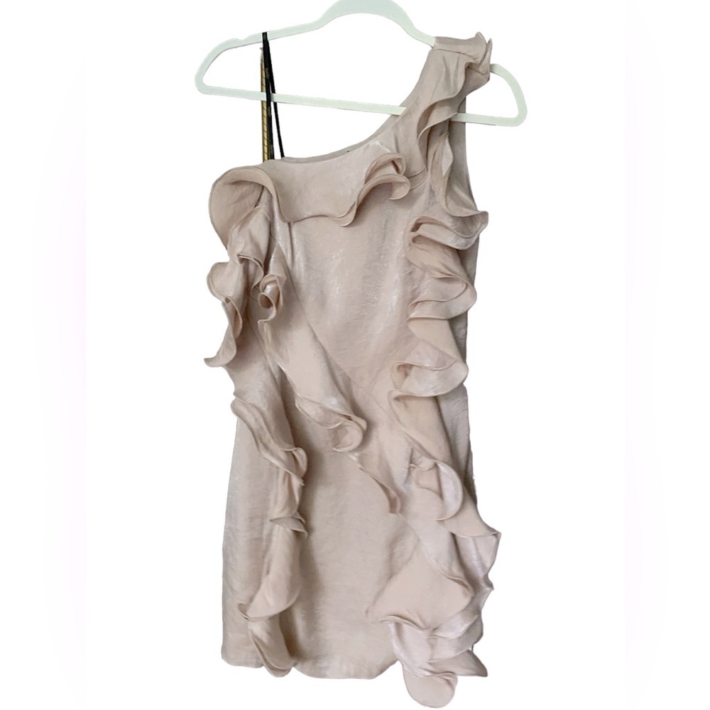 NEW Ruffle Shimmer Dress Silky Gown Stunning One Shoulder Party Event Si…